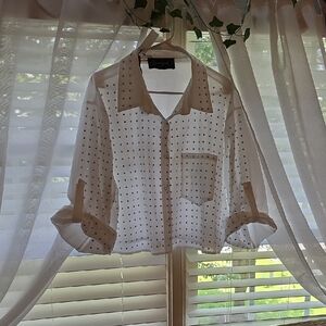 Elegant White and Brown Polka Dot Button-Down Shirt
